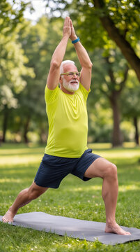 Retired man practicing yoga in public park. Senior citizen performing warrior pose on mat during morning workout for healthy lifestyle.