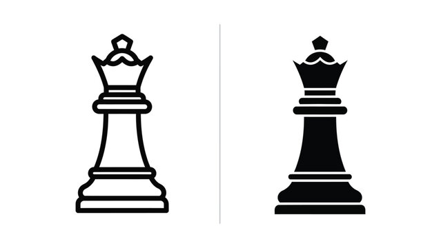 Chess queen piece silhouette and outline icons with chess game