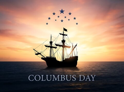 Silhouette of a historic sailing ship at sunset on the ocean, celebrating columbus day with a decorative star arrangement in the sky above the vessel