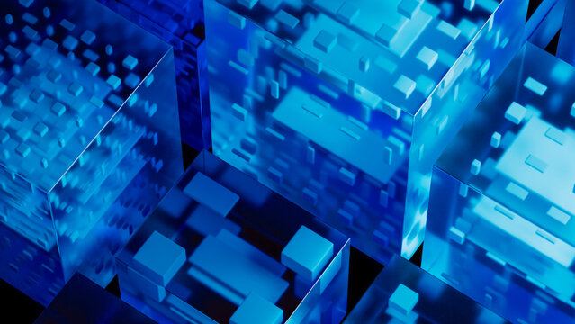 Blue Digital Cubes and Futuristic Circuit Pattern