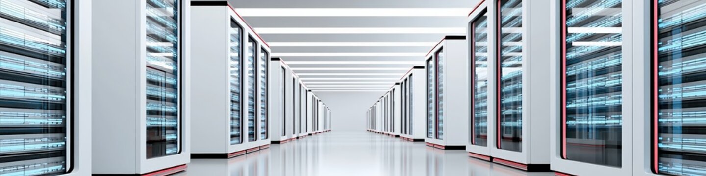 Symmetrical image of white data center towers with dramatic blue lighting and subtle red stripes on a white background, suggesting advanced technology and digital infrastructure.