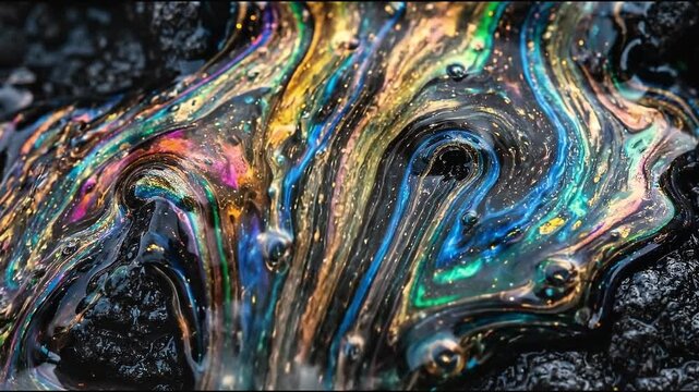 A vibrant abstract background showing colorful iridescent oil slick patterns swirling on dark asphalt pavement