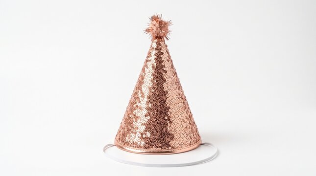 Rose Gold Sequin Party Hat With Pom Pom Top Isolated on White Background