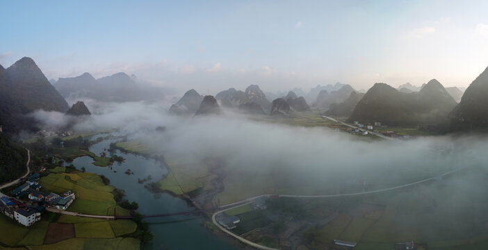 Misty Karst Valley Landscape in Trung Khanh, Cao Bang