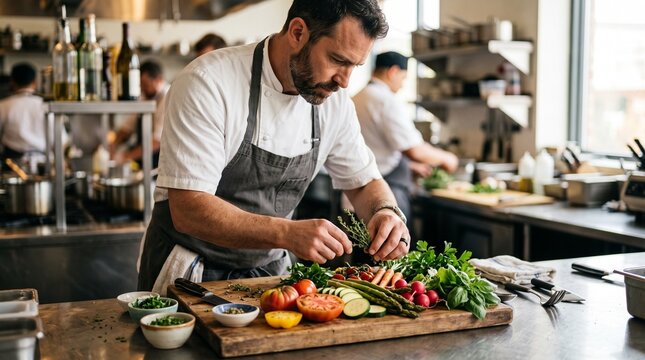 Professional chef preparing fresh vegetables and herbs in a busy restaurant kitchen
