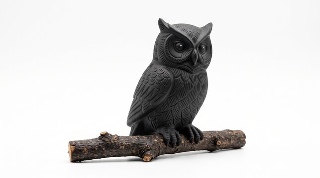 Black Owl Figurine Perched on a Rustic Wooden Branch Against a Clean White Background