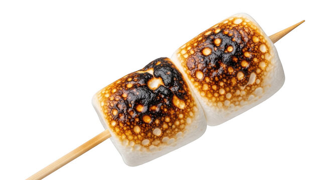 Two perfectly toasted marshmallows on a wooden skewer with golden brown and charred spots isolated on transparent background