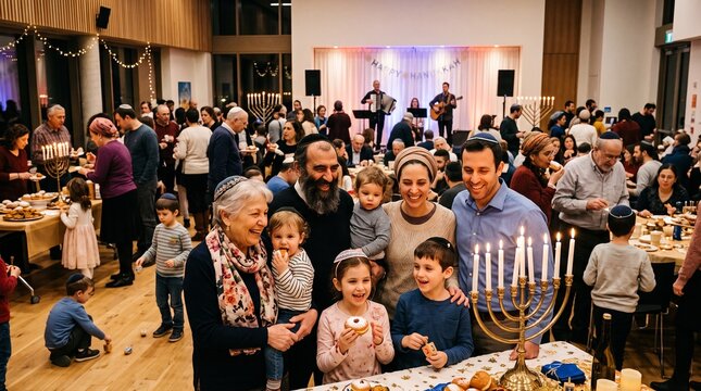 Joyful Hanukkah Celebration with Family and Friends Lighting Menorah and Enjoying Treats