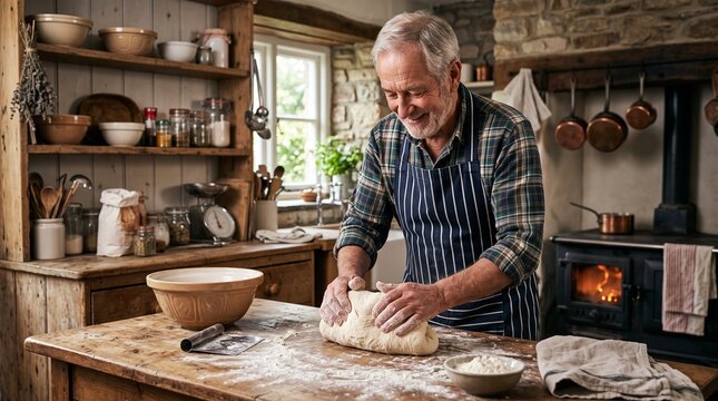 Smiling elderly man kneading dough in a rustic kitchen with a wood burning stove