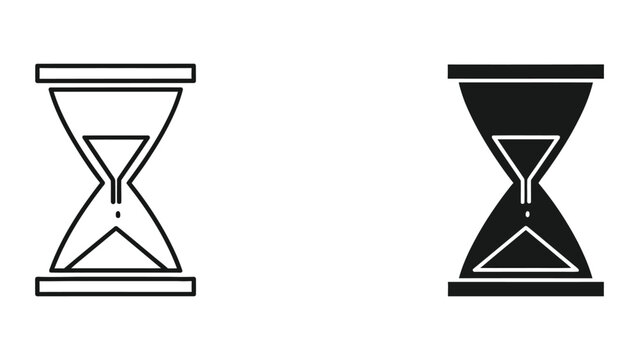 Hourglass time measurement icons in outline and solid black styles with sand timer