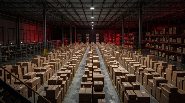 Vast Warehouse Interior Filled With Rows of Cardboard Boxes and Shelving Units