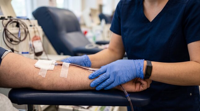 close-up of a healthcare professional monitoring a blood donation procedure, gloved hand gently checking the donor&rsquo;s arm and collection tubing, realistic clinical environment