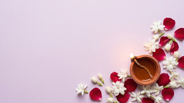 Flat lay of diwali clay diya surrounded by jasmine flowers and rose petals on light purple surface.