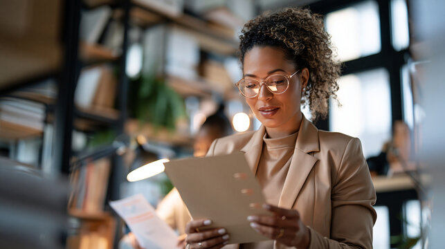 Reviewing an onboarding checklist in a low-angle architectural wide shot: a safety coordinator holds a neutral checklist while standing amid an office workflow where training
