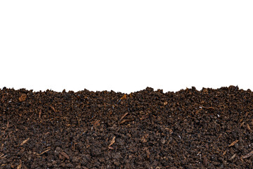 Fertile dark brown organic soil compost border frame bottom edge isolated on transparent background...