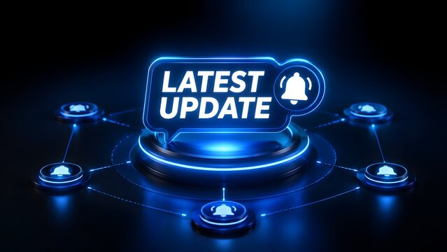 3D Glowing Blue Latest Update Notification Concept with Bell Icons on Dark Technology Background