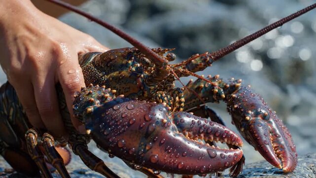 A closeup of a human hand holding a large, wet lobster, showcasing the detailed texture of its shell and claws in a natural coastal setting
