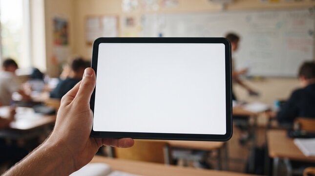 Student or teacher holding a digital tablet with a blank white screen inside a school classroom