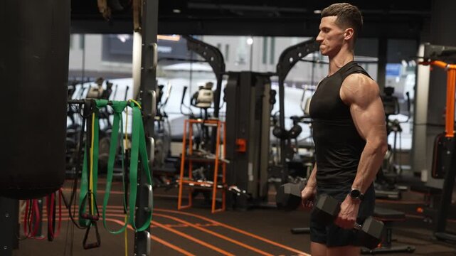 Gym workout. Sport athlete man with dumbbell. Healthy lifestyle. Biceps muscle. Strong triceps. Man exercising with dumbbell. Man athlete lifting dumbbell. Strong man do sport exercise, advertisement