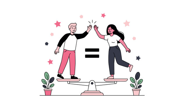 Gender equality concept with man and woman giving high five standing on balanced scale showing equal rights