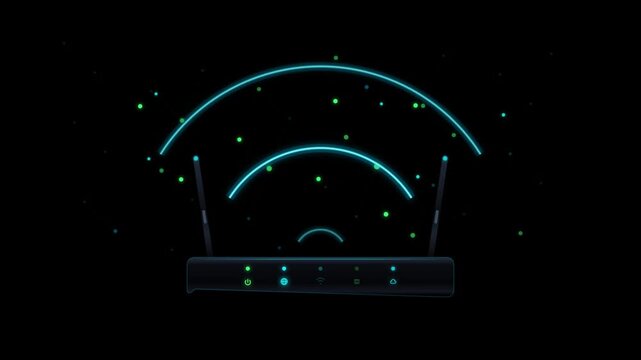 Motion graphics animation of a wireless router emitting signal waves on dark modern background with neon glow for broadcast commercial and marketing video