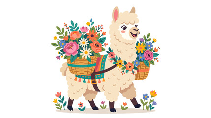 Fototapeta premium Cute Llama Carrying Flowers in Baskets