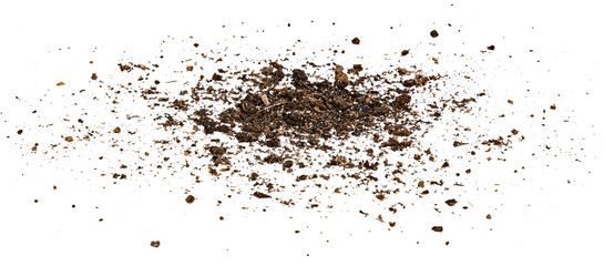 Obraz premium Scattered dark brown fertile garden soil dirt pile texture isolated on transparent background