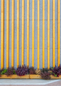 Modern building exterior detail with flower arrangement