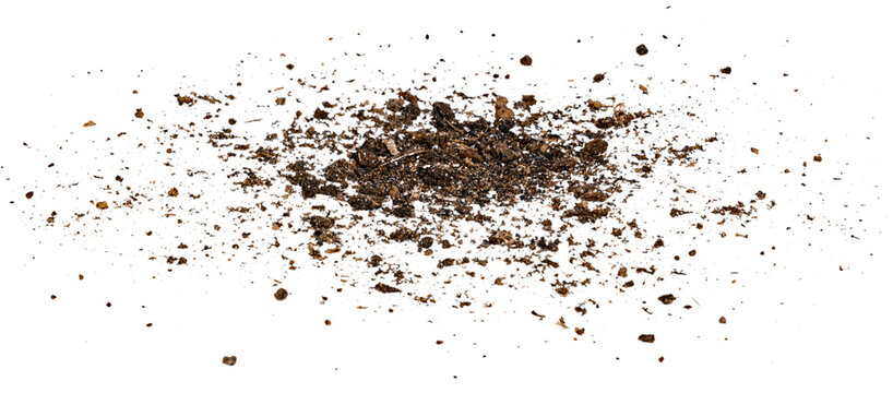 Scattered dark brown fertile garden soil dirt pile texture isolated on transparent background