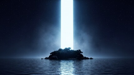 Obraz premium A solitary island, shrouded in mist and darkness, is illuminated by a powerful beam of light erupting from its core, creating an atmosphere of mystery and wonder.