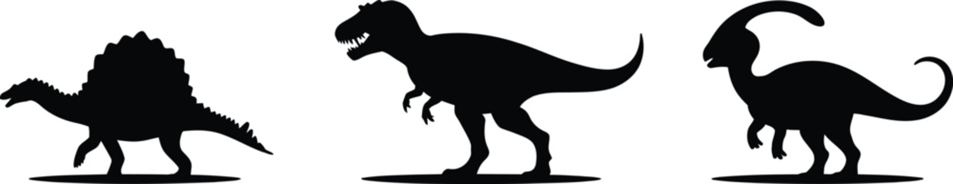 Set of three black dinosaur silhouettes including a spined dinosaur, a large theropod, and a parasaurolophus on a solid white background