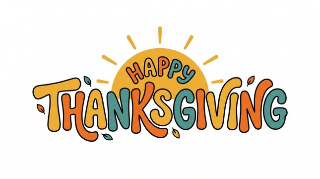 Colorful happy thanksgiving text design with a sun illustration and autumn leaves for seasonal holiday greeting cards
