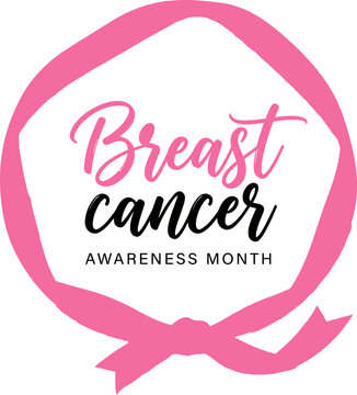 Breast cancer awareness month vector graphic illustration featuring elegant pink ribbon framing stylish hand lettering on a clean white background