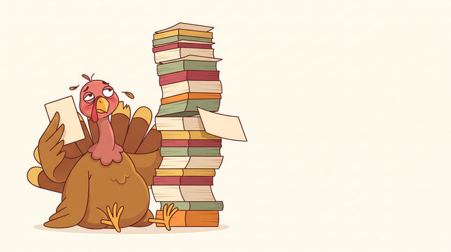 Surprised Turkey Beside a Towering Stack of Books