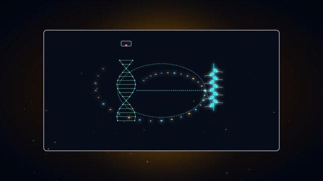 Futuristic digital interface displaying DNA strand and scientific data graphics in dark background