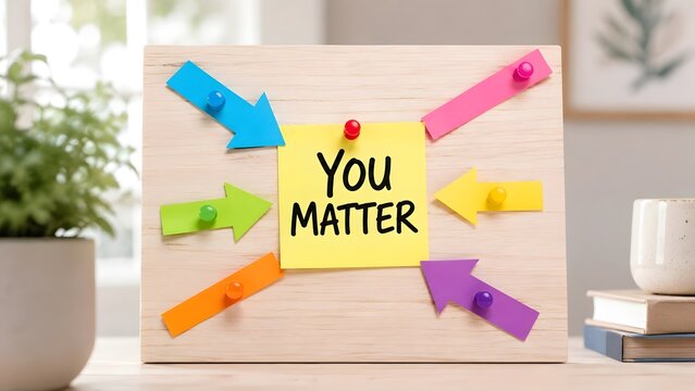Workplace motivation and positive affirmation concept. You matter sticky note pinned on wooden board with colorful pointing arrows on office desk.