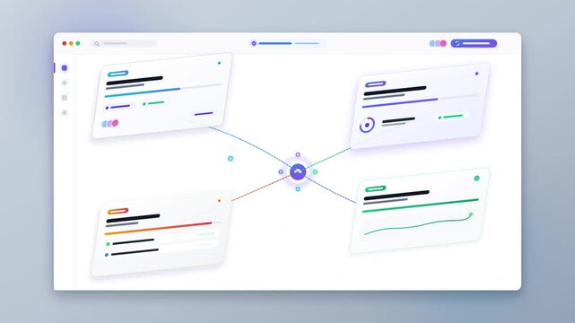Modern software dashboard interface featuring a central connectivity node and floating data cards, showcasing clean minimalist UI UX design for corporate business analytics and information.
