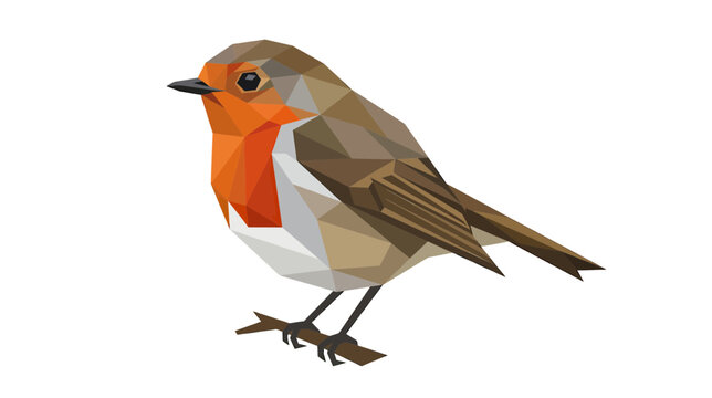 Geometric Robin Bird on Branch, Low Poly Art Style