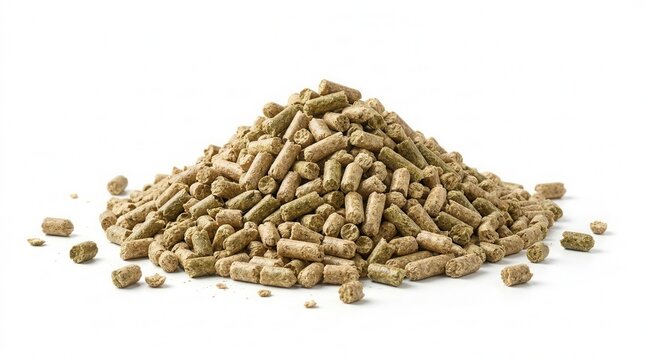 Piled animal feed pellets isolated on a clean white background