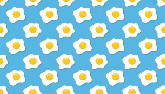 Seamless pattern of fried eggs with yellow yolks on a bright blue background