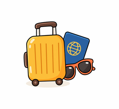 Cute Travel Essentials Doodle Icon &ndash; Suitcase, Passport and Sunglasses Isolated on White Background