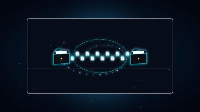 Digital file compression and archiving concept with glowing folders and zipper