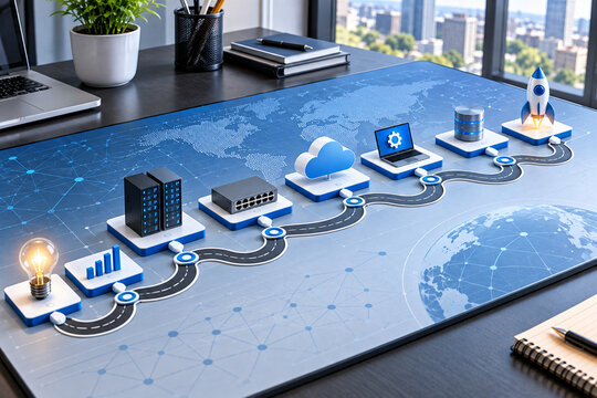 Digital technology transformation roadmap on a blue map desk pad with cloud computing
