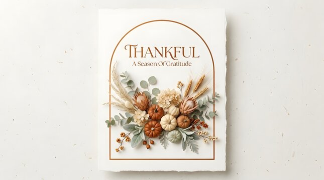 Elegant thanksgiving template with autumnal floral arrangement and calligraphy perfect for seasonal greetings and gratitude expressions