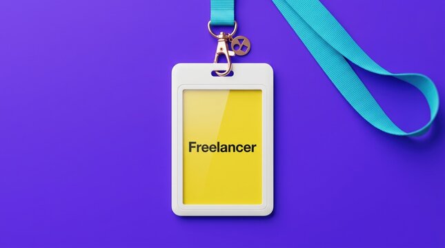 Yellow freelancer ID badge with blue lanyard on a bright purple background