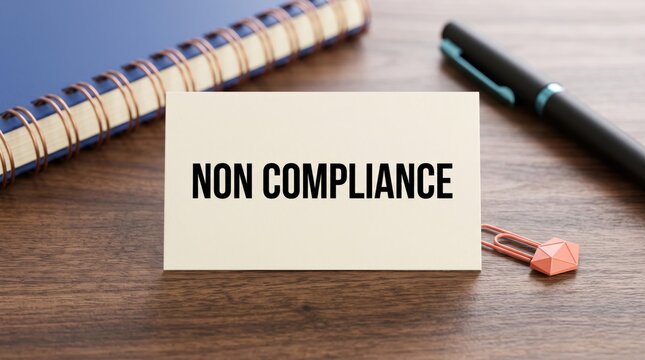Paper with non compliance text on a wooden desk with a pen and notebook