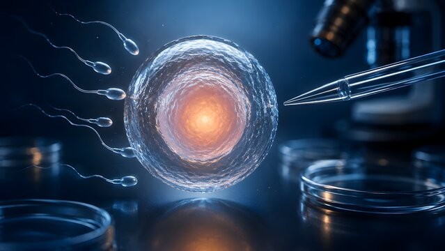 Artificial insemination and IVF treatment concept. Glowing human egg cell with swimming sperm and ICSI injection needle in dark modern laboratory environment.
