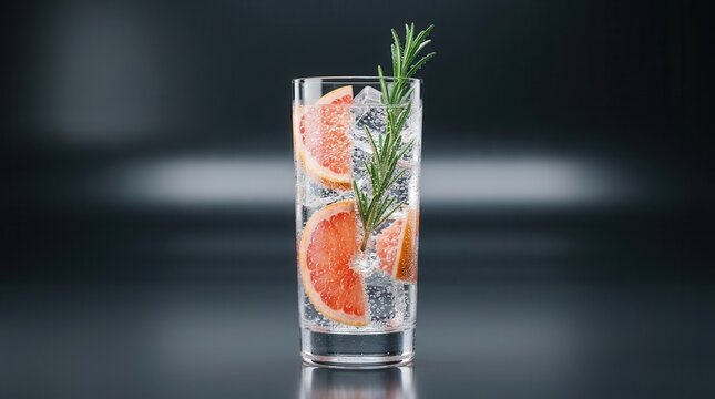 Rosemary garnish and grapefruit slices in a refreshing sparkling hard seltzer drink