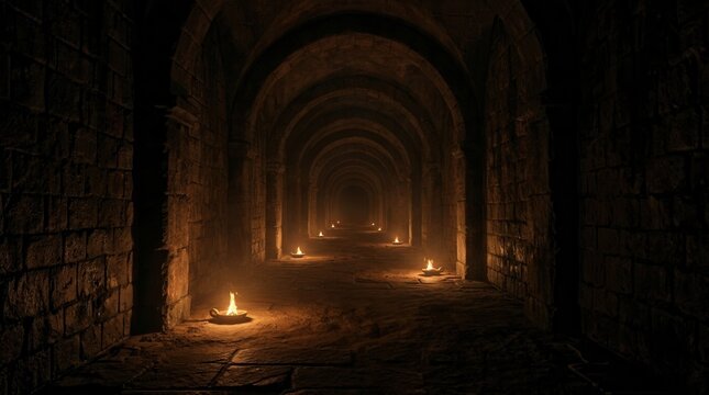 Medieval catacombs featuring endless shadowy passageways with firelight illumination
