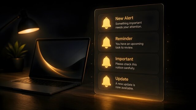 Glowing digital notification panel with bell alerts next to laptop on desk. Task reminder, software update and system communication concept.